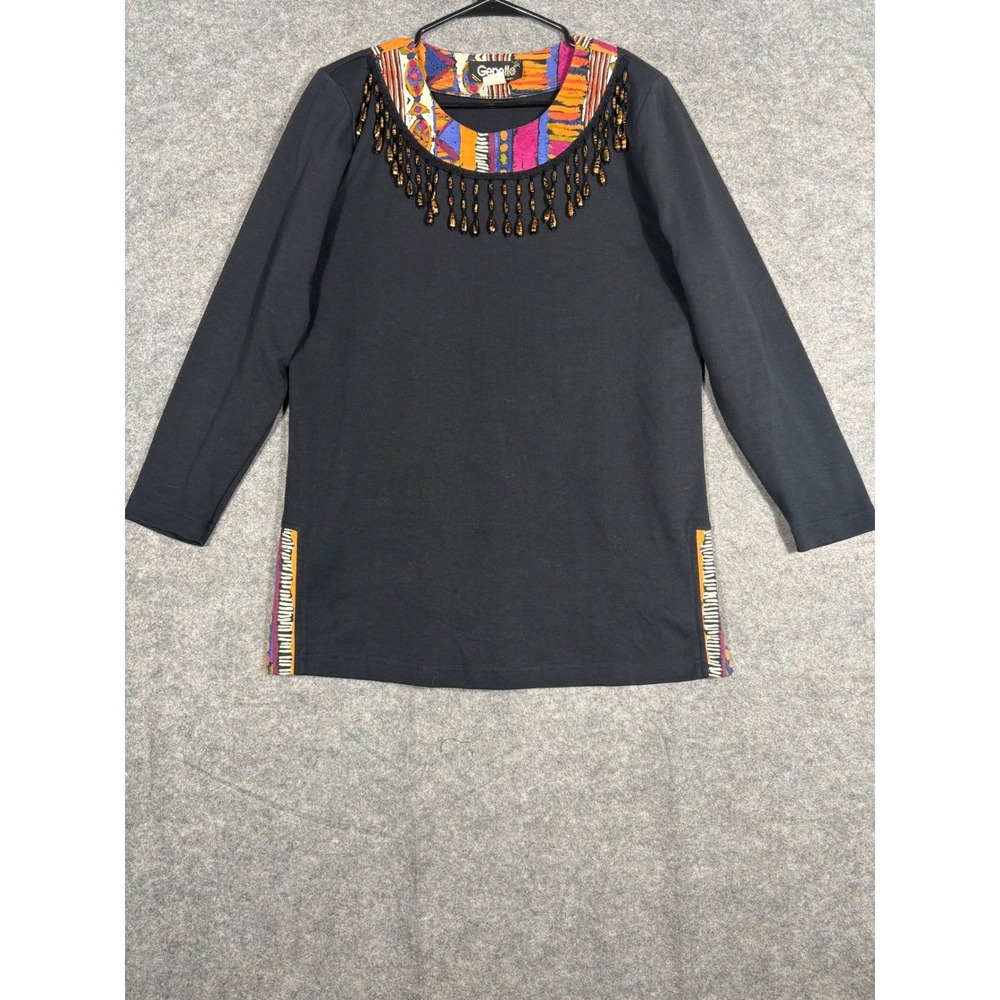 Gepetto‎ Women's Black Beaded Tunic Top Colorful Print Collar Sides Medium